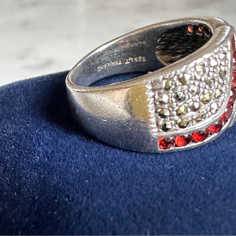 Sterling Silver Marcasite And Ruby Ring Size 8 - image 2